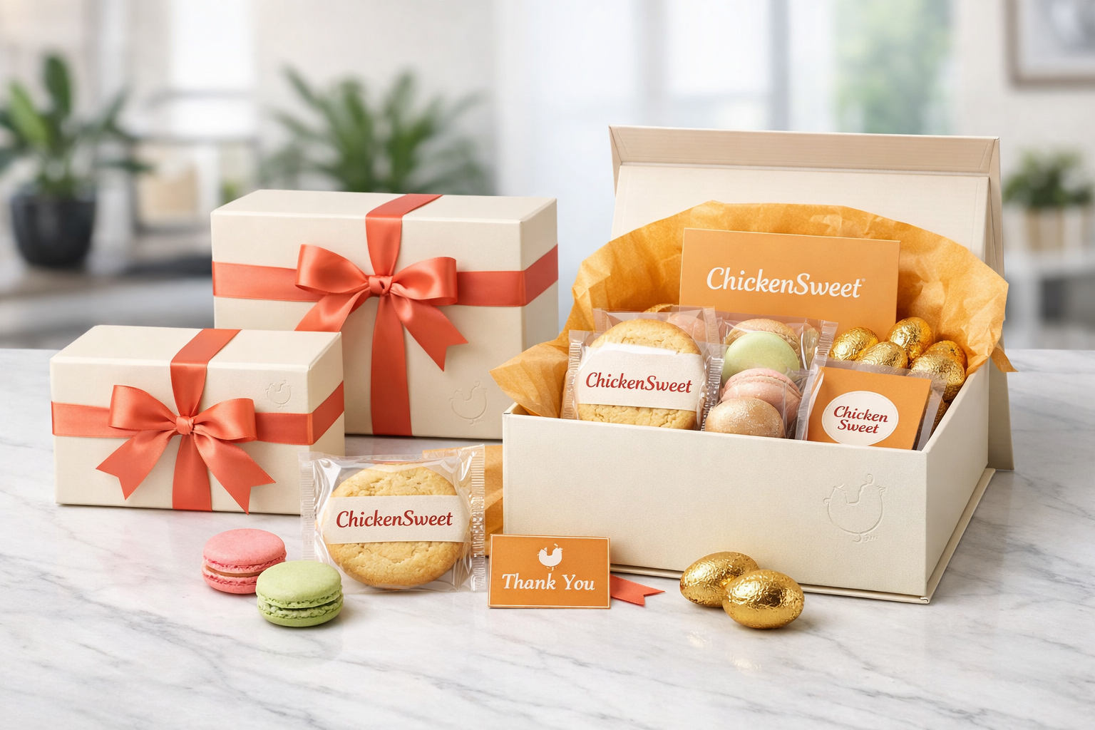 Branded corporate gift boxes with assorted desserts