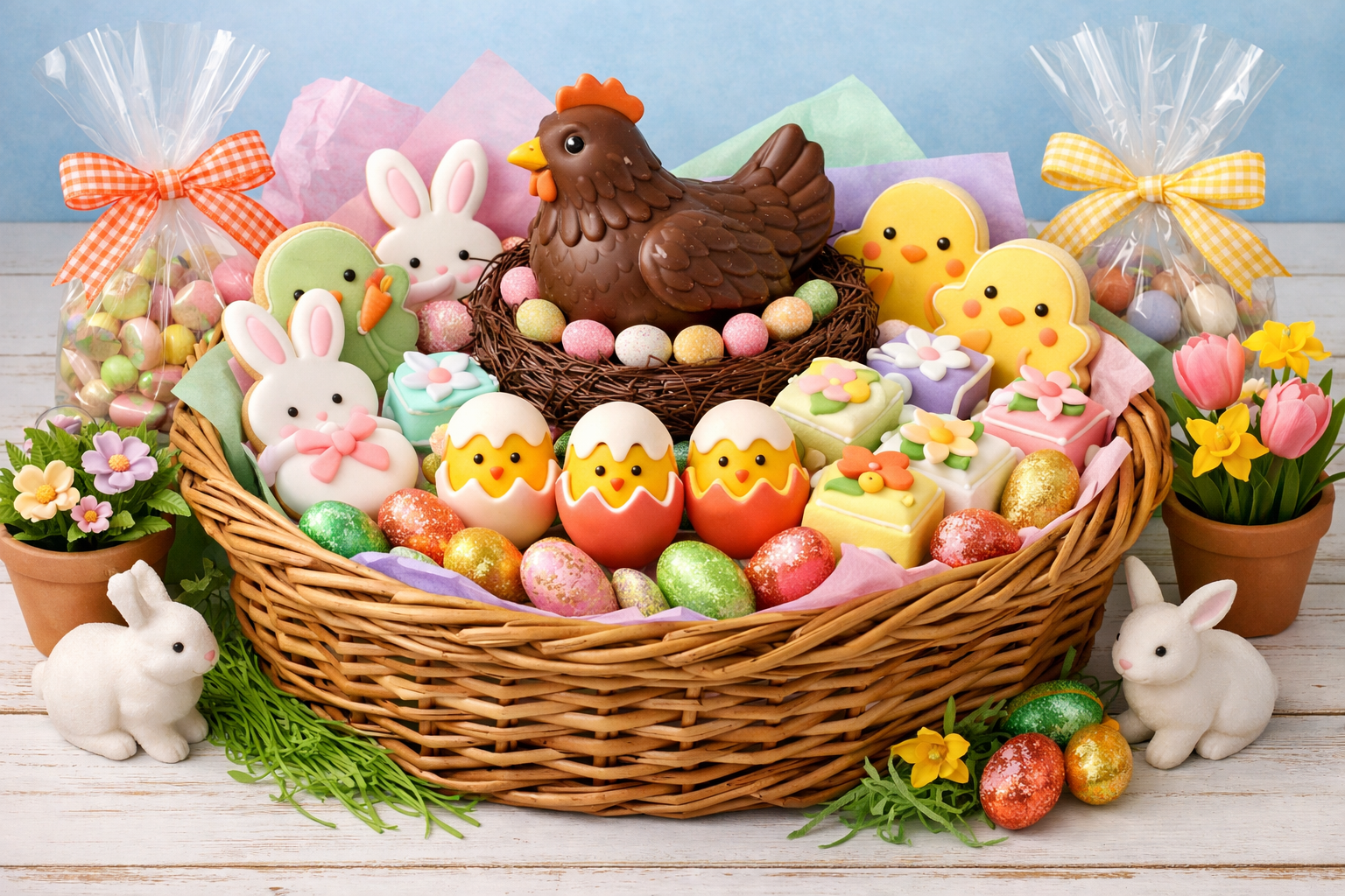 Easter collection with chicken and decorated egg desserts