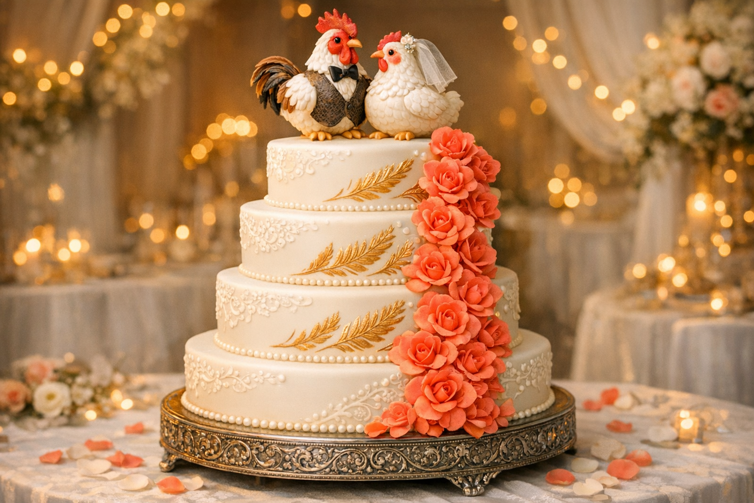 Wedding cake with elegant rooster and hen decoration