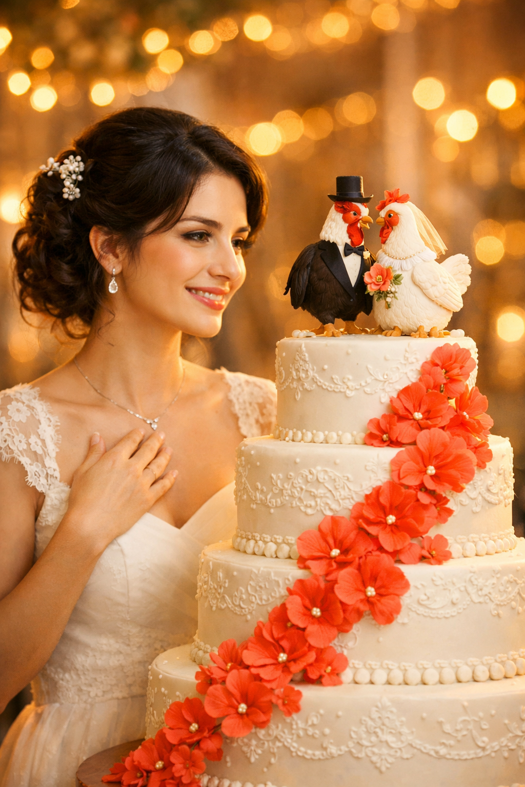 Elena posing next to her wedding cake with chicken decoration
