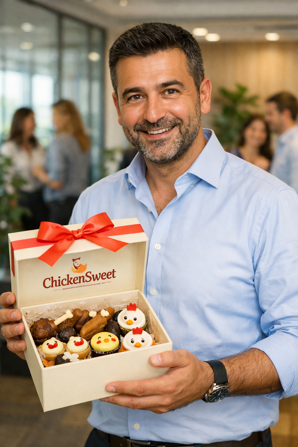 Mehmet presenting dessert boxes at office celebration
