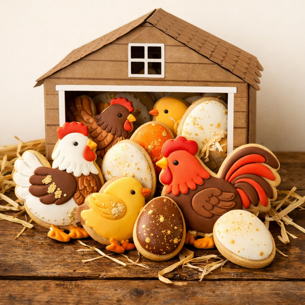 Chicken and egg shaped cookies in decorative box